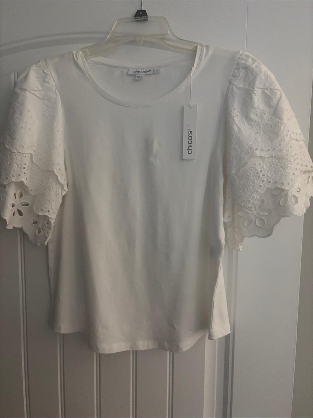 Chico's White Eyelet Flutter Sleeve Tee